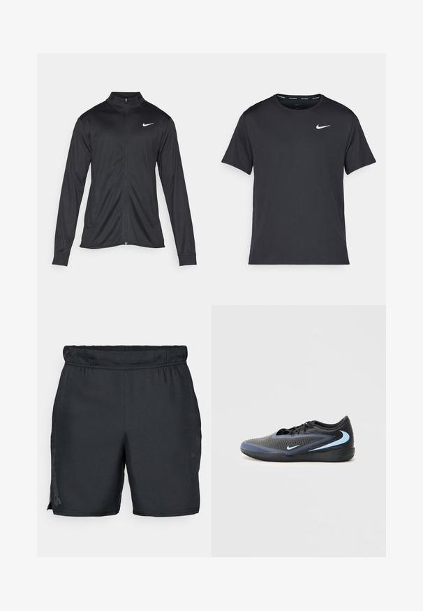 Jacket desportivo preto com mangas longas, colarinho e fecho zip completo. Apresenta um discreto logotipo da Nike em branco na parte superior do lado esquerdo do peito. Textura suave.; T-shirt de corrida Nike preto, feito de material leve e respirável, com mangas curtas e um pequeno logo branco no peito.; Calças de desporto pretas com um cós elástico, fendas laterais e um logo impresso na perna esquerda; feitas de um tecido leve e suave.; Shoe desportiva de cano baixo, preta e azul, com superfície texturizada, atacadores pretos e logótipos da Nike em azul claro nas laterais e na sola.