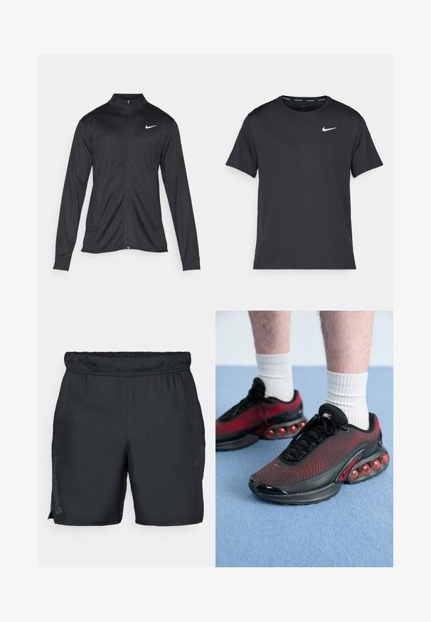 Must värvi sportlik jakk pikkade varrukatega, krae ja täispikk tõmblukk. Ülemises vasakus rinnas on diskreetne valge Nike logo. Sile tekstuur.; Mustamust Nike'i jooksupaita, mis on valmistatud kergest ja hingavast materjalist, lühikeste varrukatega ja mille rinnal on väike valge logo.; Mustad mustad lühikesed püksid, millel on elastne vöökoht, külgsuunalised lõhed ja trükitud logo vasakul jalal; valmistatud kergetest ja siledatest kangast.; Mustad musta ja punane sportlikud kingad, millel on võrgust ülemine osa, tekstuuriga mustrid ja punased õhkpadjad jalatsi tallas. Näha on valged sokid.