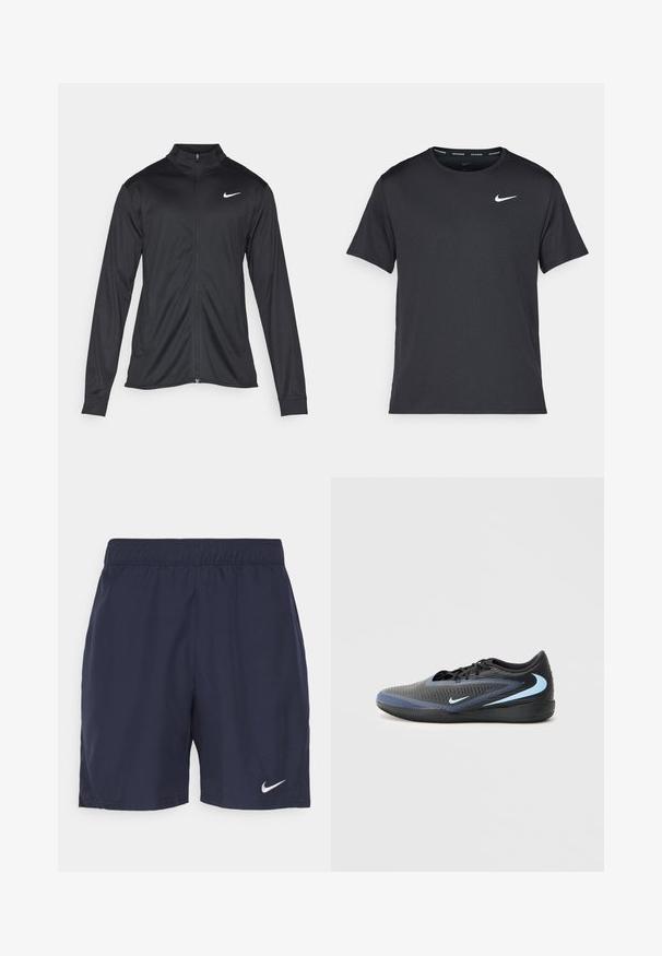 Jacket desportivo preto com mangas longas, colarinho e fecho zip completo. Apresenta um discreto logotipo da Nike em branco na parte superior do lado esquerdo do peito. Textura suave.; T-shirt de corrida Nike preto, feito de material leve e respirável, com mangas curtas e um pequeno logo branco no peito.; Calções de desporto azul marinho feitos de um tecido leve, com um cós elástico e um pequeno logotipo branco da Nike na perna esquerda.; Shoe desportiva de cano baixo, preta e azul, com superfície texturizada, atacadores pretos e logótipos da Nike em azul claro nas laterais e na sola.
