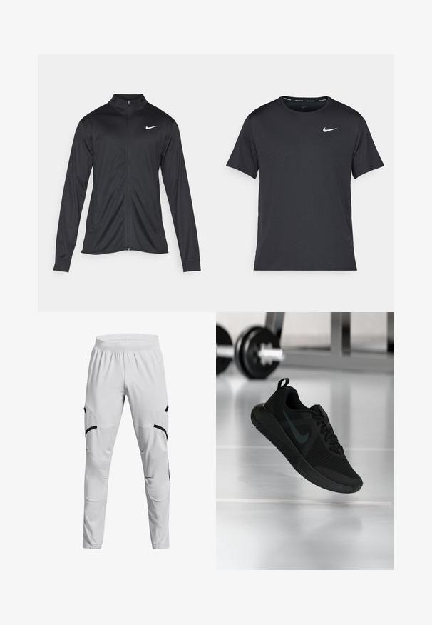 Crna sportska jakna s dugim rukavima, ovratnikom i punim patentnim zatvaračem. Ima suptilan Nike logo u bijeloj boji na gornjem lijevom dijelu prsne oznake. Glatka tekstura.; Crna Nike majica za trčanje napravljena od laganog, prozračnog materijala, s kratkim rukavima i malim bijelim logotipom na prsima.; Svijetlosivi sportski hlače s rastezljivim materijalom. Imaju crne detalje i džepove sa strane, dizajnirane su s užim krojem.; Crna sportska cipela s teksturiranim mrežastim gornjim dijelom, gumenim potplatom i istaknutim tamnim logotipom swoosh. Ima podstavljen ovratnik i dizajn s vezicama.