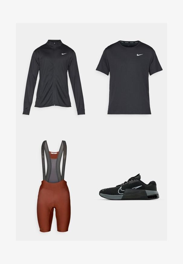 Čierna športová bunda s dlhými rukávmi, golierom a plným zipsom. Obsahuje nenápadné logo Nike v bielej farbe na hornej ľavej hrudi. Hladká textúra.; Čierne bežecké tričko Nike vyrobené z ľahkého a priedušného materiálu, s krátkymi rukávmi a malým bielym logom na hrudi.; Hnedé šortky na bicykel s mriežkovými trakovými popruhmi, polstrovaným sedadlom a kontrastným šitím. Hladký textúrovaný materiál, prispôsobený strih pre cyklistiku.; Čierna atletická obuv s plastovou sieťou, šedými akcentmi a textúrovanou medzipodrážkou. Obsahuje výrazné logo a šnurovací dizajn. Gumová podrážka pre lepšiu trakciu.