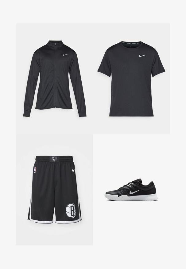 Črna atletska jakna z dolgimi rokavi, ovratnikom in polnim zadrgo. Vključuje diskreten bel Nike logotip na zgornjem levem delu prsnega koša. Gladka tekstura.; Črna tekaška majica Nike, izdelana iz lahkega in zračnega materiala, z kratkimi rokavi in majhnim belim logotipom na prsih.; Črne košarkarske kratke hlače z mrežasto teksturo, z belim in črnim logotipom ter kontrastnim belim obrobom ob straneh in robu.; Črne atletske čevlje z teksturirano zgornjico, belim Nike znakom in belim gumijastim zunanjim podplatom. Imajo vezalni dizajn in dinamično obliko.