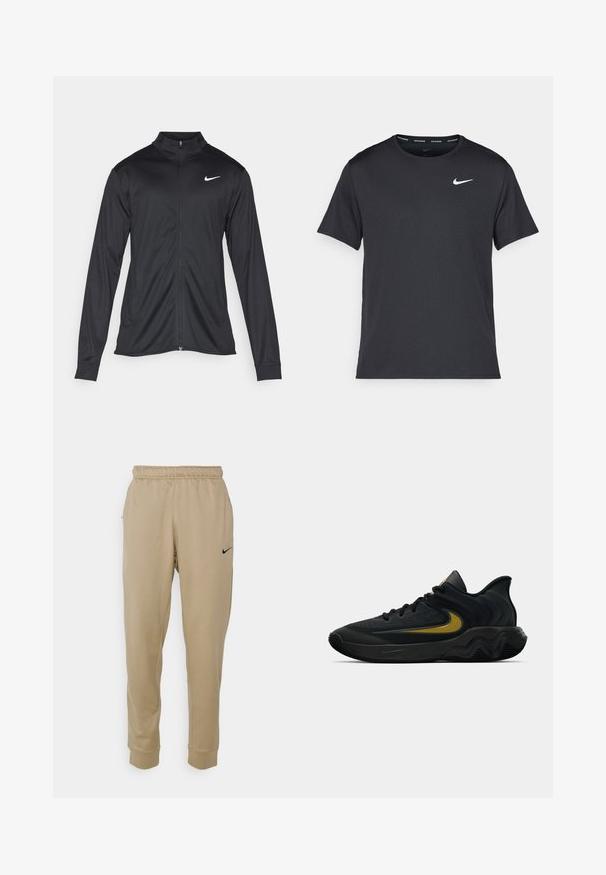 Melna sporta jaka ar garām piedurknēm, apkakli un pilnu rāvējslēdzēju. Uz kreisā krūts augšdaļas ir maigs Nike logo baltā krāsā. Gluda tekstūra.; Melna Nike skriešanas T-kreklā, kas izgatavots no viegla un elpojoša materiāla, ar īsām piedurknēm un mazu baltu logo uz krūtīm.; Nike Performance TAPER - Treniņtērpa apakšdaļas - khaki/khaki/(black); Melna un tumši pelēka sporta apavu pāris ar melnām auklām un zelta Swoosh logo, ar viļņotu zolītes dizainu un polsterētu papēdi.