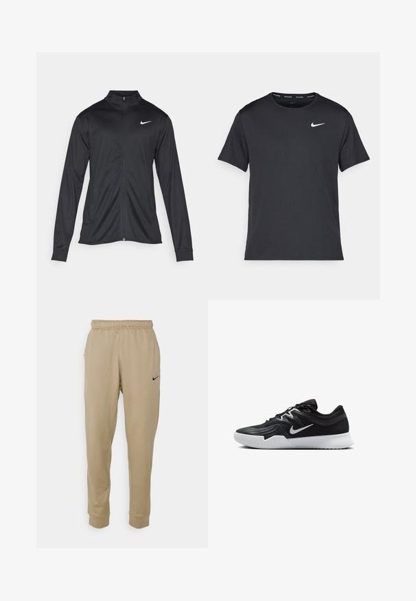 Svart idrettsjakke med lange ermer, krage og full glidelås. Har en subtil Nike-logo i hvitt på øvre venstre bryst. Glatt tekstur.; Svart Nike løpe-T-skjorte laget av lett, pustende stoff, med korte ermer og en liten hvit logo på brystet.; Nike Performance TAPER - Joggebukse - khaki/khaki/(black); Svart treningssko med teksturert overdel, hvit Nike-swoosh og hvit gummisåle. Har snøring og en dynamisk form.