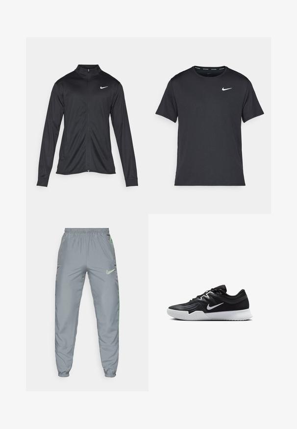 Jacket desportivo preto com mangas longas, colarinho e fecho zip completo. Apresenta um discreto logotipo da Nike em branco na parte superior do lado esquerdo do peito. Textura suave.; T-shirt de corrida Nike preto, feito de material leve e respirável, com mangas curtas e um pequeno logo branco no peito.; Calças de treino Nike em poliéster cinza, com cintura elástica, punhos afunilados e detalhes laterais em verde neon; apresenta o logótipo no lado direito à frente.; Sapatilha atlética preta com um cabedal texturizado, swoosh branco da Nike e uma sola de borracha branca. Apresenta um design com atacadores e uma forma dinâmica.