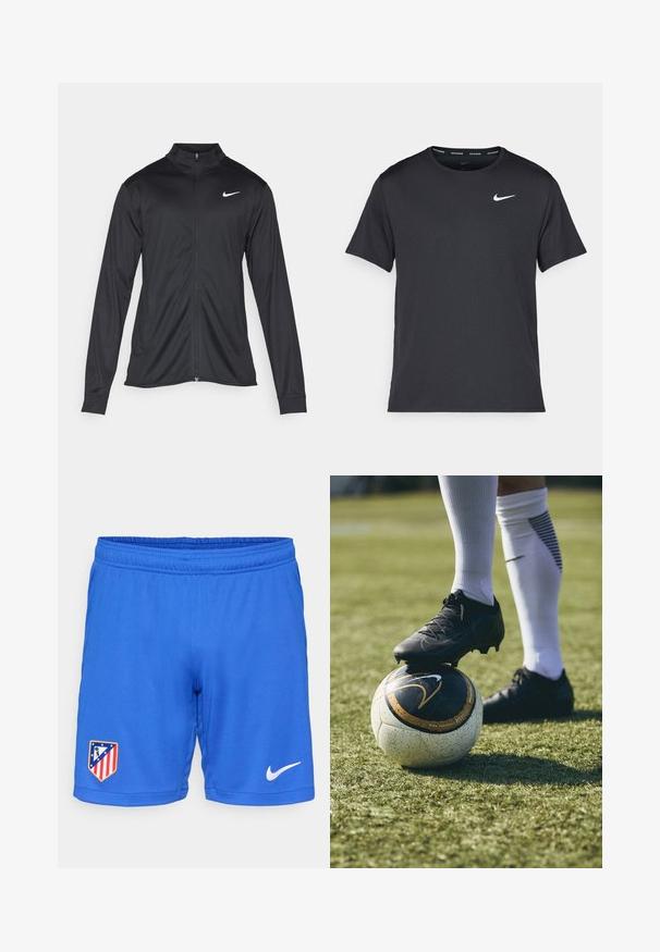 Jacket desportivo preto com mangas longas, colarinho e fecho zip completo. Apresenta um discreto logotipo da Nike em branco na parte superior do lado esquerdo do peito. Textura suave.; T-shirt de corrida Nike preto, feito de material leve e respirável, com mangas curtas e um pequeno logo branco no peito.; Calções desportivos azuis com um cós elástico, apresentando o logotipo da equipa do lado esquerdo e um swoosh branco da Nike do lado direito.; Chuteira de futebol preta sobre uma bola de futebol com padrão branco e preto, pousada em relva verde. A chuteira possui material texturizado e atacadores.