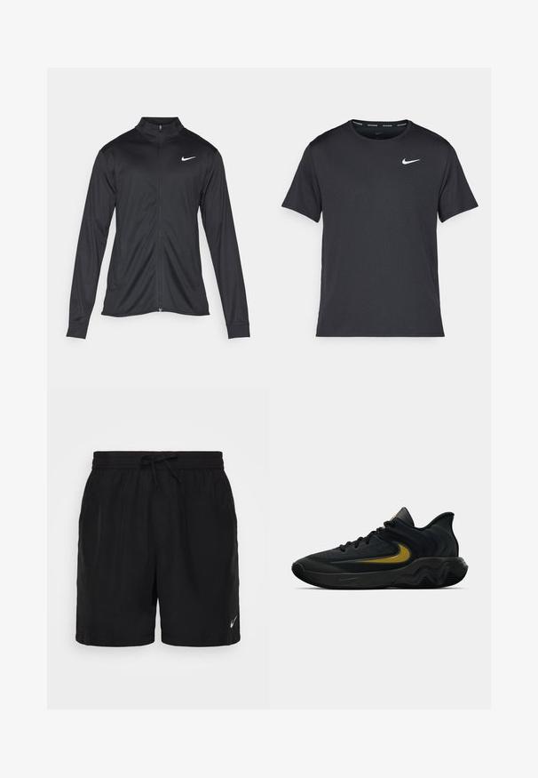 Czarna sportowa kurtka z długimi rękawami, kołnierzem i pełnym zamkiem. Posiada subtelne logo Nike w białym kolorze na lewej górnej części klatki piersiowej. Gładka tekstura.; Czarna koszulka do biegania Nike z lekkiego, oddychającego materiału, z krótkimi rękawami i małym białym logo na piersi.; Czarne szorty sportowe wykonane z lekkiego materiału, z elastycznym pasem ze sznurkiem do regulacji i małym białym logo Nike w prawym dolnym rogu.; Czarne i ciemnoszare buty sportowe z czarnymi sznurowadłami i złotym logo w kształcie paska, z falistym wzorem podeszwy i wyściełanym kołnierzem pięty.