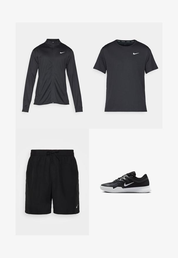 Must värvi sportlik jakk pikkade varrukatega, krae ja täispikk tõmblukk. Ülemises vasakus rinnas on diskreetne valge Nike logo. Sile tekstuur.; Mustamust Nike'i jooksupaita, mis on valmistatud kergest ja hingavast materjalist, lühikeste varrukatega ja mille rinnal on väike valge logo.; Mustad must värvilised sportlikud lühikesed püksid, mis on valmistatud kergest kangast. Neil on elastne vöökoht koos köiega ja väike valge Nike logo paremas alanurgas.; Must mustad jalanikesad rikaste ülaservaga, valge Nike swoosh'i ja valge kummist välispõhjaga. Omab paeltega sulgemisdetaili ja dünaamilist kuju.