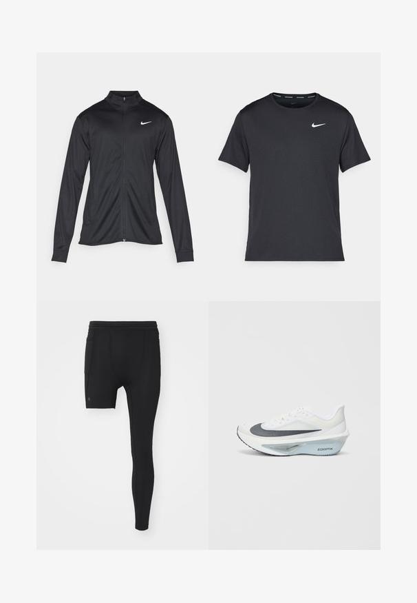 Črna atletska jakna z dolgimi rokavi, ovratnikom in polnim zadrgo. Vključuje diskreten bel Nike logotip na zgornjem levem delu prsnega koša. Gladka tekstura.; Črna tekaška majica Nike, izdelana iz lahkega in zračnega materiala, z kratkimi rokavi in majhnim belim logotipom na prsih.; Črne športne legice z oprijetim dizajnom, gladko teksturo in kratkim notranjim delom. Vključujejo stranski žep na stegnu.; Bela športna obutev z zgornjim delom iz sive mrežaste tkanine, z modrim ZoomX penastim srednjim delom in ukrivljenim podplatom za boljšo propulzijo in udobje.