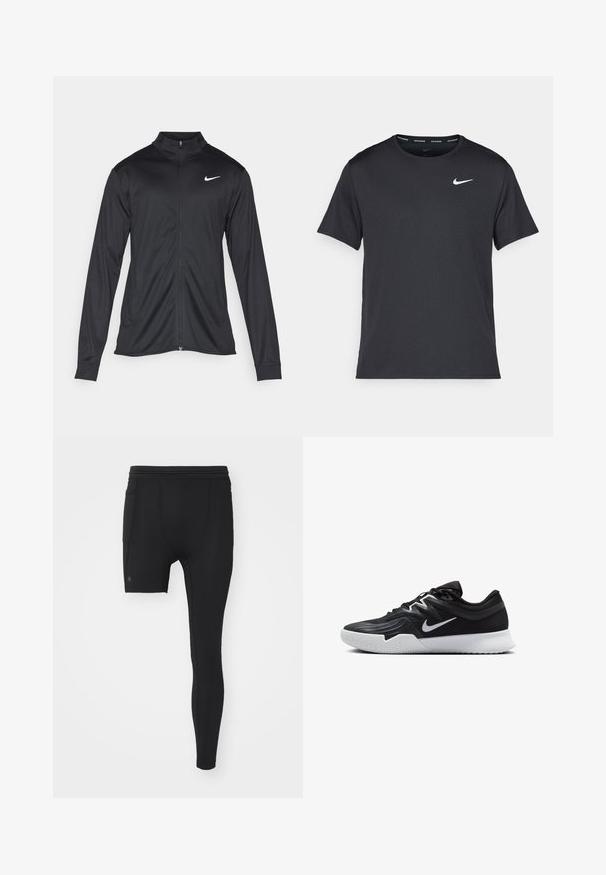Svart idrettsjakke med lange ermer, krage og full glidelås. Har en subtil Nike-logo i hvitt på øvre venstre bryst. Glatt tekstur.; Svart Nike løpe-T-skjorte laget av lett, pustende stoff, med korte ermer og en liten hvit logo på brystet.; Sorte treningslegg i svart med en tettsittende design, glatt tekstur og en kort indre del. Inkluderer en sidelomme på låret.; Svart treningssko med teksturert overdel, hvit Nike-swoosh og hvit gummisåle. Har snøring og en dynamisk form.