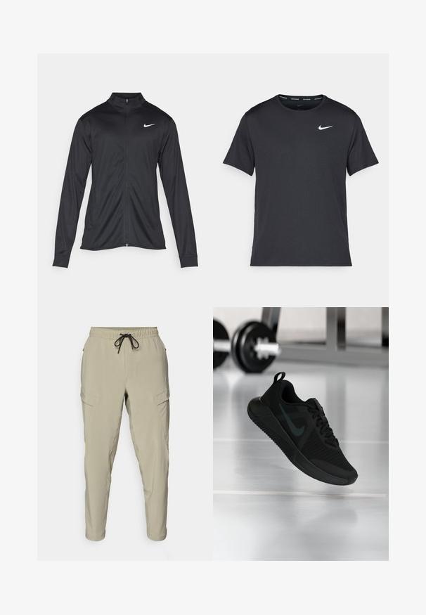 Jachetă sportivă neagră cu mâneci lungi, guler și fermoar complet. Prezintă un logo Nike subtil, alb, pe pieptul din stânga sus. Textură netedă.; Tricou de alergare Nike negru, fabricat dintr-un material ușor și respirabil, cu mâneci scurte și un mic logo alb pe piept.; Pantaloni cargo bej cu talie elastică și șnur, picioare conice și buzunare laterale. Confectionați dintr-un material ușor.; Pantof sportiv negru cu partea superioară din plasă texturată, talpă de cauciuc și un logo Swoosh întunecat proeminent. Dispune de un guler căptușit și un design cu șireturi.