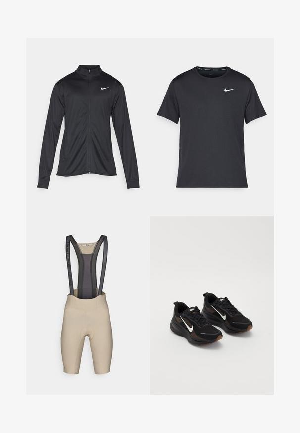 Black athletic jacket with long sleeves, collar, and full zipper. Features a subtle Nike logo in white on the upper left chest. Smooth texture.; Black Nike running T-shirt made of lightweight, breathable material, featuring short sleeves and a small white logo on the chest.; Beige cycling shorts with black mesh suspenders, featuring a padded seat area and smooth, stretchy fabric for comfort and support.; Black athletic shoes with a breathable mesh upper, white Nike swoosh, textured sole, and contrasting brown accents. Includes reinforced heel.