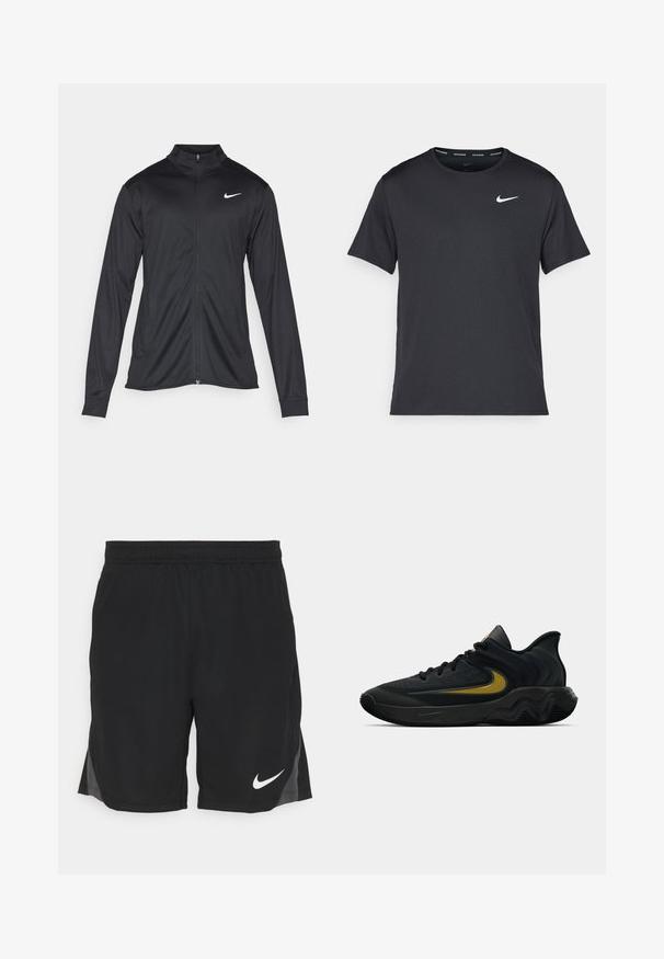 Jacket desportivo preto com mangas longas, colarinho e fecho zip completo. Apresenta um discreto logotipo da Nike em branco na parte superior do lado esquerdo do peito. Textura suave.; T-shirt de corrida Nike preto, feito de material leve e respirável, com mangas curtas e um pequeno logo branco no peito.; Calções desportivos pretos feitos de um tecido leve, com um padrão texturizado, fendas laterais e um logótipo branco da Nike no lado inferior esquerdo.; Tênis atlético preto e cinza escuro com cadarços pretos e logotipo swoosh dourado, apresentando um design de sola ondulada e colarinho acolchoado no calcanhar.