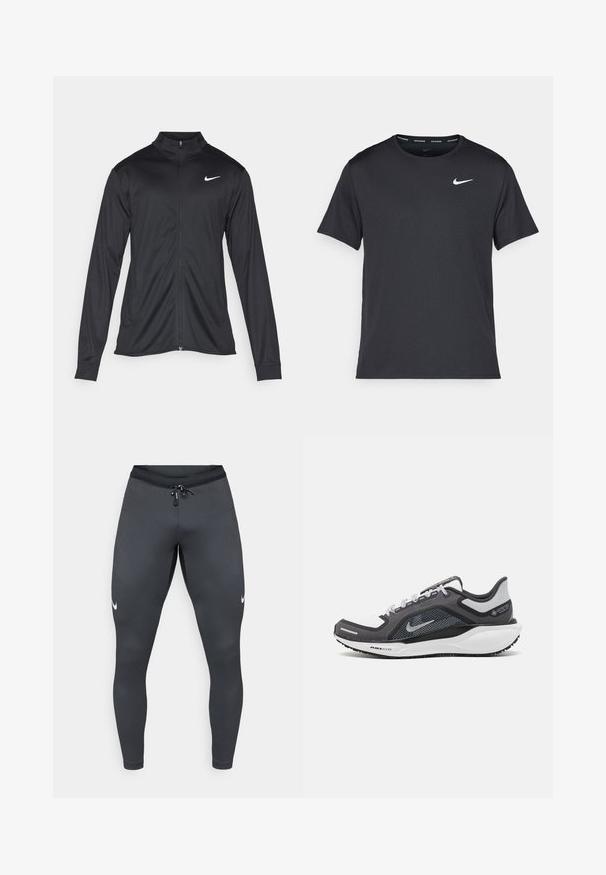 Giacca sportiva nera con maniche lunghe, colletto e zip completa. Presenta un logo Nike in bianco sulla parte superiore del lato sinistro del petto. Tessuto morbido.; Maglietta da corsa Nike nera realizzata in materiale leggero e traspirante, con maniche corte e un piccolo logo bianco sul petto.; Leggings sportivi grigi realizzati in tessuto elasticizzato, con una vestibilità aderente, texture a coste e un piccolo logo Nike bianco sulla gamba sinistra.; Scarpa da ginnastica nera e grigia con tomaia in rete, dettagli riflettenti e intersuola bianca. Presenta una suola in gomma testurizzata e lacci.