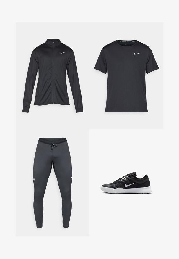 Jachetă sportivă neagră cu mâneci lungi, guler și fermoar complet. Prezintă un logo Nike subtil, alb, pe pieptul din stânga sus. Textură netedă.; Tricou de alergare Nike negru, fabricat dintr-un material ușor și respirabil, cu mâneci scurte și un mic logo alb pe piept.; Colanți sport gri, confecționați dintr-un material elastic, cu un croi ajustat, textură în dungi și un mic logo alb Nike pe piciorul stâng.; Pantof sport negru cu un superior texturat, swoosh alb Nike și o tălpică din cauciuc alb. Dispune de un design cu șireturi și o formă dinamică.