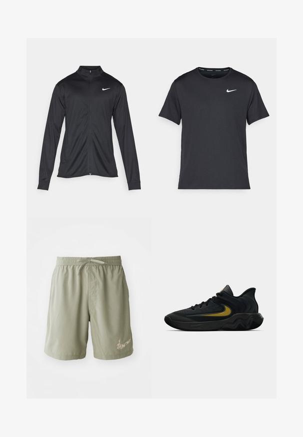 Svart idrottsjacka med långa ärmar, krage och full dragkedja. Har en diskret Nike-logga i vitt på övre vänstra bröstet. Slät yta.; Svart Nike löpeshirt i lätt, andningsbart material, med korta ärmar och en liten vit logotyp på bröstet.; Gröna sportshorts med elastisk midja och snörning, med en kamouflerad Nike-logotyp på vänster ben.; Svart och mörkgrå sportskor med svarta snören och gul swoosh-logotyp, utrustad med en vågig sula och vadderad hälkrage.