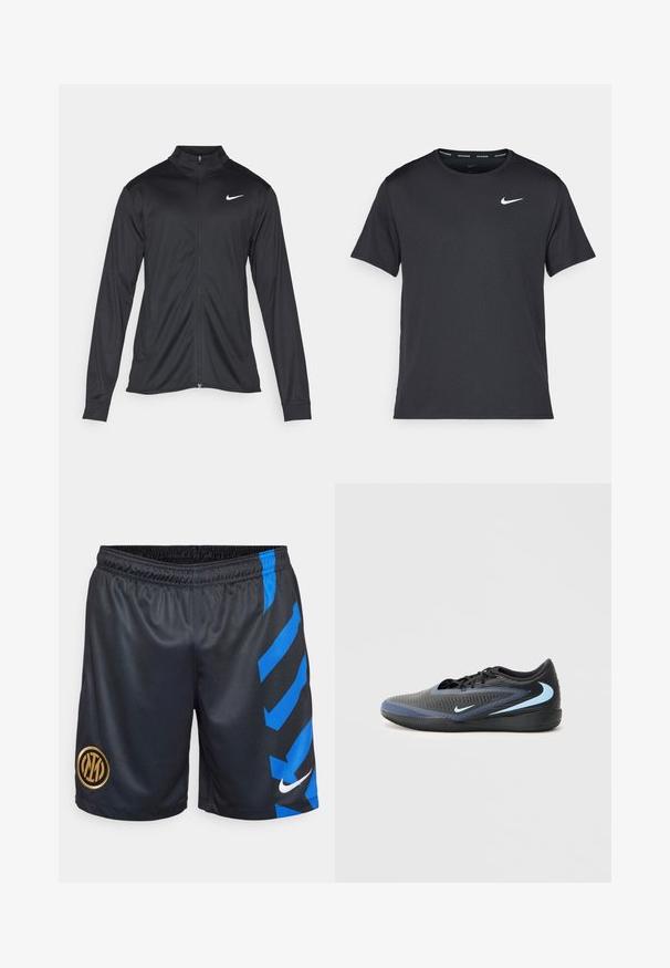 Musta urheilutakki pitkillä hihoilla, kauluksella ja kokonaisella vetoketjulla. Täydentää hienovarainen Nike-logo valkoisena vasemmassa ylärinnassa. Litteä pinta.; Musta Nike juoksupaita, joka on valmistettu kevyestä ja hengittävästä materiaalista. Paidassa on lyhyet hihnat ja pieni valkoinen logo rinnassa.; Mustat urheilushortsit, joissa on teksturoitu pinta, sivuilla siniset vinoraitat ja kultainen ympyrälogo. Nike-brändi valkoisena.; Musta ja sininen matalavartinen urheilukenkä, jossa on tekstuuripinta, mustat kengännauhat ja vaaleansiniset Nike-swoosh-logot sivuilla ja pohjassa.
