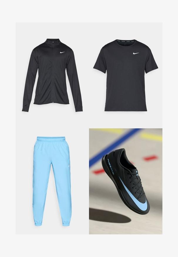 Schwarze Sportjacke mit langen Ärmeln, Kragen und voller Reißverschluss. Verfügt über ein dezentes Nike-Logo in Weiß auf der oberen linken Brust. Glatte Textur.; Schwarzes Nike Lauft-Shirt aus leichtem, atmungsaktivem Material, mit kurzen Ärmeln und einem kleinen weißen Logo auf der Brust.; Nike Performance FORM PANT - Jogginghose - university blue/black/reflective silver; Schwarzer Sportschuh mit blauen Akzenten, strukturierter Oberfläche, Schnürdesign und markantem Nike-Logo. Gummisohle mit Grip-Mustern.