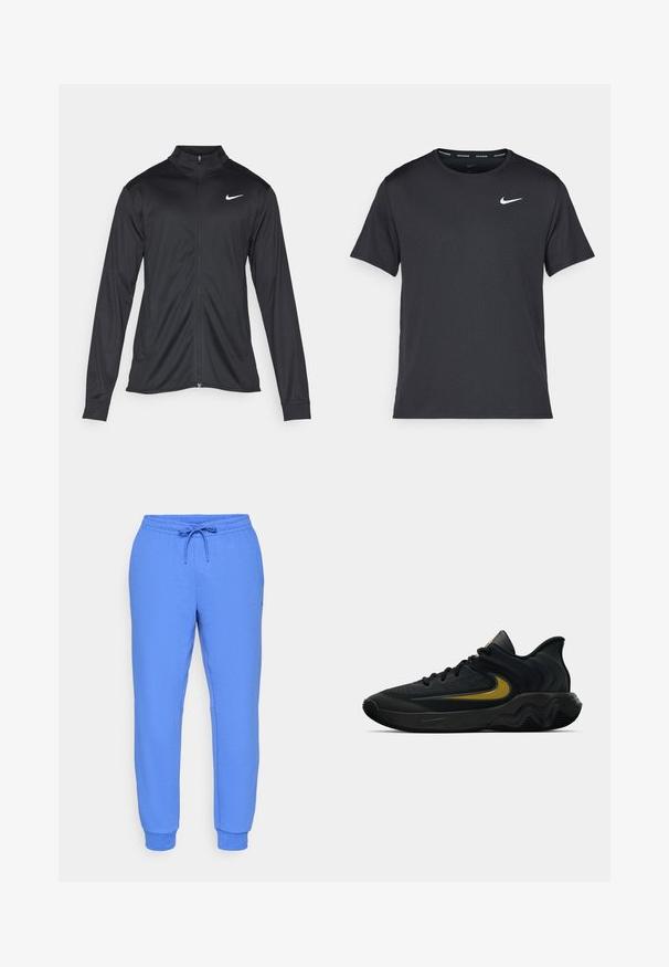 Crna sportska jakna s dugim rukavima, ovratnikom i punim patentnim zatvaračem. Ima suptilan Nike logo u bijeloj boji na gornjem lijevom dijelu prsne oznake. Glatka tekstura.; Crna Nike majica za trčanje napravljena od laganog, prozračnog materijala, s kratkim rukavima i malim bijelim logotipom na prsima.; Plave trenirke izrađene od glatkog materijala s elastičnim pojasom, podesivom vezicom, bočnim džepovima i rebrastim manžetama na gležnjevima.; Crne i tamnosive atletske tenisice s crnim vezicama i zlatnim Swoosh logom, sa valovitom dizajnom đona i podstavljenim ovratnikom na peti.
