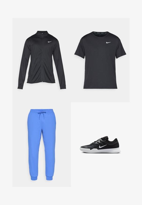 Sort atletisk jakke med lange ærmer, krave og fuld lynlås. Har et diskret Nike-logo i hvidt på den øverste venstre side af brystet. Glat tekstur.; Sort Nike løbe T-shirt lavet af let, åndbart materiale, med korte ærmer og et lille hvidt logo på brystet.; Blå sweatpants lavet af et glat stof med en elastisk talje, justerbar snøre, sidelommer og ribbede ankler.; Sort atletiksko med en tekstureret overdel, hvid Nike swoosh og en hvid gummisål. Har en snørret design og dynamisk form.