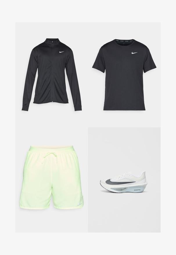 Svart idrettsjakke med lange ermer, krage og full glidelås. Har en subtil Nike-logo i hvitt på øvre venstre bryst. Glatt tekstur.; Svart Nike løpe-T-skjorte laget av lett, pustende stoff, med korte ermer og en liten hvit logo på brystet.; Lysegrønne løpeshorts med elastisk midjebånd og snor. Inkluderer et Nike-logo på nederste høyre ben og har en glatt tekstur.; Hvit atletisk sko med grå mesh-overdel, blå ZoomX skummellomsåle og buet yttersåle for forbedret propulsjon og komfort.