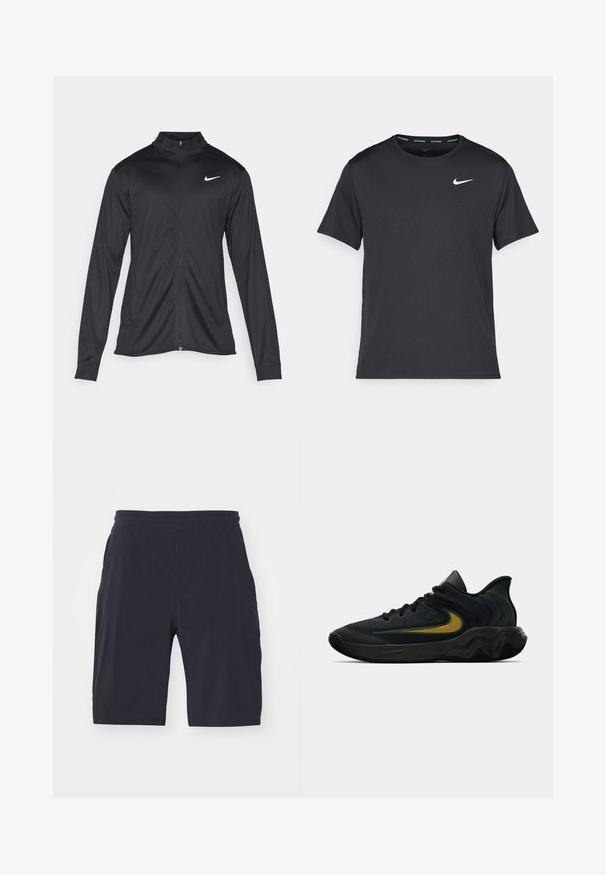 Fekete sportdzseki hosszú ujjal, gallérral és teljes cipzárral. Diszkrét fehér Nike logóval az upper bal mellen. Sima textúra.; Fekete Nike futó póló, könnyű, légáteresztő anyagból készült, rövid ujjú, és a mellkasán egy kicsi fehér logó található.; Sötétkék rövidnadrág könnyű anyagból. Rugalmas derékkal és két oldalsó zsebbel rendelkezik. Nincsenek látható minták vagy fémalkatrészek.; Fekete és sötétszürke sportcipő fekete fűzővel és arany swoosh logóval, hullámos talpformával és párnázott sarokpánttal.