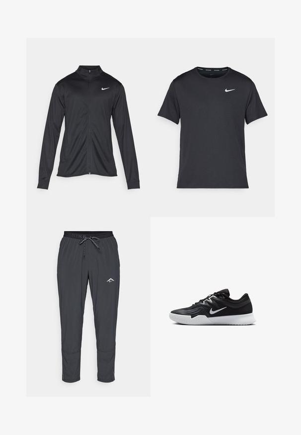 Must värvi sportlik jakk pikkade varrukatega, krae ja täispikk tõmblukk. Ülemises vasakus rinnas on diskreetne valge Nike logo. Sile tekstuur.; Mustamust Nike'i jooksupaita, mis on valmistatud kergest ja hingavast materjalist, lühikeste varrukatega ja mille rinnal on väike valge logo.; Nike meeste kitsad püksid tumehallis, millel on paela vöökoht, sile tekstuur, logo detail ja elastsed mansetid allservas.; Must mustad jalanikesad rikaste ülaservaga, valge Nike swoosh'i ja valge kummist välispõhjaga. Omab paeltega sulgemisdetaili ja dünaamilist kuju.