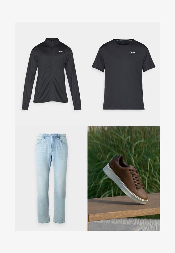 Chaqueta atlética negra con mangas largas, collar y cremallera completa. Presenta un sutil logo de Nike en blanco en la parte superior izquierda del pecho. Textura suave.; Camiseta de running negra de Nike, hecha de material ligero y transpirable, con mangas cortas y un pequeño logo blanco en el pecho.; Jeans de mezclilla azul claro con un diseño de pierna recta, que cuentan con cinco bolsillos, un ligero desgaste y un botón de metal en la cinturilla.; Zapatilla de cuero marrón con suela de goma blanca, puntera redondeada y cordones marrones. Agarre texturizado en la suela y acabado suave en la parte superior.