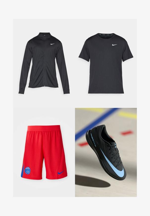 Must värvi sportlik jakk pikkade varrukatega, krae ja täispikk tõmblukk. Ülemises vasakus rinnas on diskreetne valge Nike logo. Sile tekstuur.; Mustamust Nike'i jooksupaita, mis on valmistatud kergest ja hingavast materjalist, lühikeste varrukatega ja mille rinnal on väike valge logo.; Punased sportlikud lühikesed püksid ribateraga, sinise külgpaneeliga ja ümmarguse logoga vasakul jalal. Mugavuse tagamiseks elastne pael.; Mustad mustus spordijalats siniste detailidega, tekstureeritud pind, lipsudega disain ja eristuv Nike logo. Kummist talla, millel on haardemustrid.