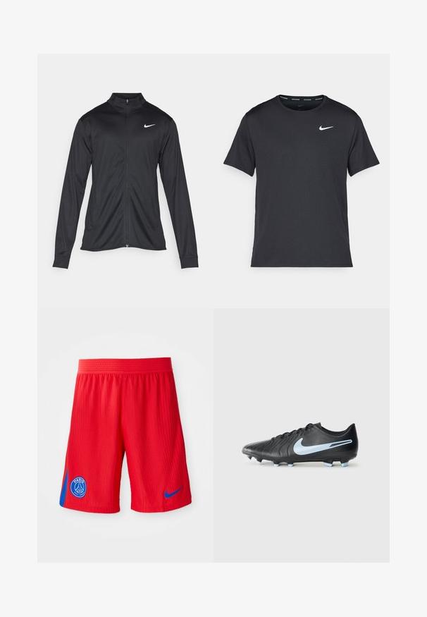 Jacket desportivo preto com mangas longas, colarinho e fecho zip completo. Apresenta um discreto logotipo da Nike em branco na parte superior do lado esquerdo do peito. Textura suave.; T-shirt de corrida Nike preto, feito de material leve e respirável, com mangas curtas e um pequeno logo branco no peito.; Calções atléticos vermelhos com uma textura canelada, apresentando um painel lateral azul e um logótipo circular na perna esquerda. Cintura elástica para conforto.; Chuteira de futebol preta com parte superior de couro texturizado, logotipo swoosh azul e cravos azul claros. Apresenta um design elegante e fecho com atacadores.