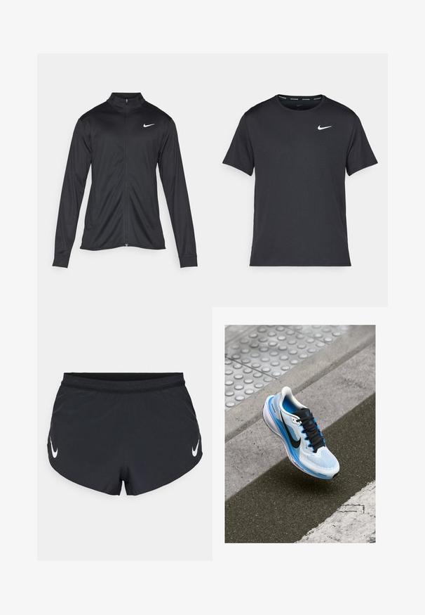 Jachetă sportivă neagră cu mâneci lungi, guler și fermoar complet. Prezintă un logo Nike subtil, alb, pe pieptul din stânga sus. Textură netedă.; Tricou de alergare Nike negru, fabricat dintr-un material ușor și respirabil, cu mâneci scurte și un mic logo alb pe piept.; Șorturi atletice negre dintr-un material ușor, având un brâu texturat și un logo alb Nike pe partea stângă.; Adidași albi și albaștri cu șireturi negre și logo-ul Nike plutesc deasupra asfaltului și marginii trotuarului.