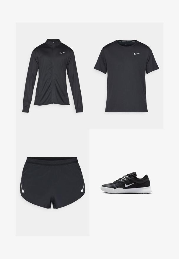 Musta urheilutakki pitkillä hihoilla, kauluksella ja kokonaisella vetoketjulla. Täydentää hienovarainen Nike-logo valkoisena vasemmassa ylärinnassa. Litteä pinta.; Musta Nike juoksupaita, joka on valmistettu kevyestä ja hengittävästä materiaalista. Paidassa on lyhyet hihnat ja pieni valkoinen logo rinnassa.; Mustat urheilushortsit, jotka on valmistettu kevyestä kankaasta. Shortsien vyötärö on teksturoitu ja vasemmalla puolella on valkoinen Nike-logo.; Musta urheilukenkä, jossa on teksturoitu päällinen, valkoinen Nike-tikkaus ja valkoinen kumipohja. Kenkässä on nauhakuji ja dynaaminen muoto.