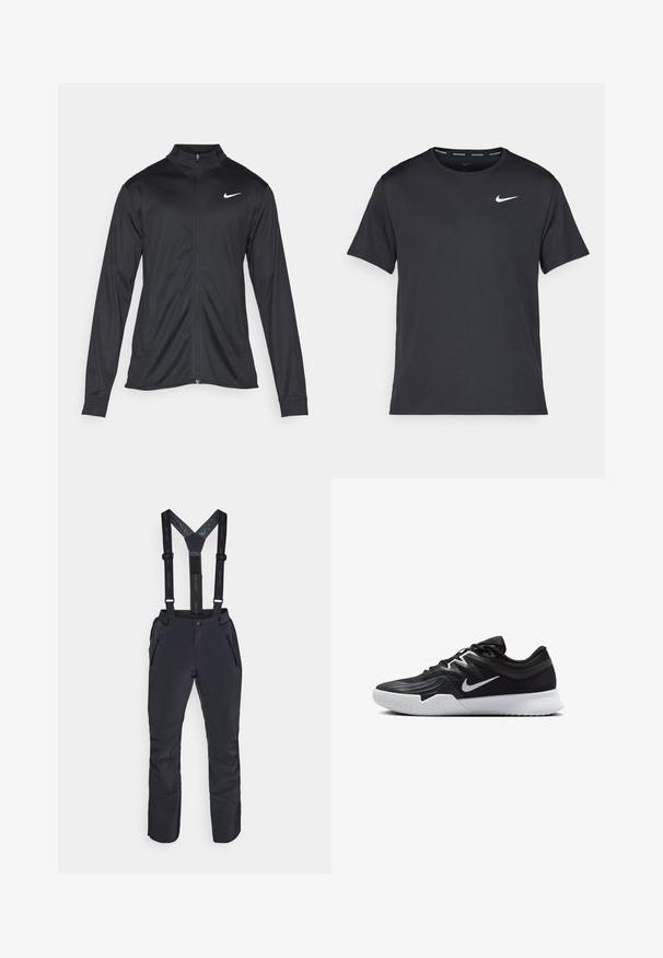 Chaqueta atlética negra con mangas largas, collar y cremallera completa. Presenta un sutil logo de Nike en blanco en la parte superior izquierda del pecho. Textura suave.; Camiseta de running negra de Nike, hecha de material ligero y transpirable, con mangas cortas y un pequeño logo blanco en el pecho.; Pantalones impermeables negros con tirantes ajustables, bolsillos con cremallera y piernas inferiores reforzadas para mayor durabilidad y funcionalidad.; Zapatilla deportiva negra con parte superior texturizada, logo de Nike en blanco y suela de goma blanca. Tiene un diseño con cordones y una forma dinámica.