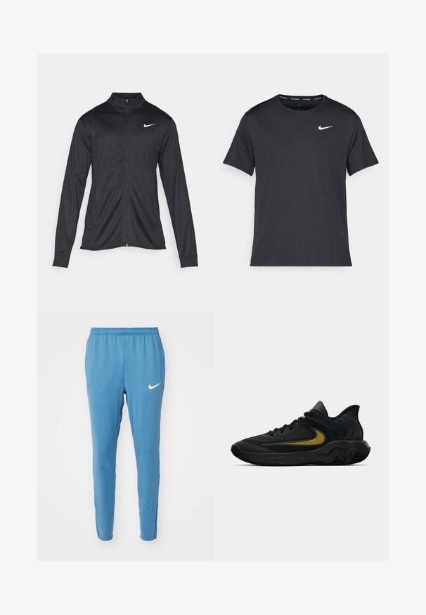 Črna atletska jakna z dolgimi rokavi, ovratnikom in polnim zadrgo. Vključuje diskreten bel Nike logotip na zgornjem levem delu prsnega koša. Gladka tekstura.; Črna tekaška majica Nike, izdelana iz lahkega in zračnega materiala, z kratkimi rokavi in majhnim belim logotipom na prsih.; Nike Performance STRIKE PANT - Spodnji deli trenirk - aegean storm/white; Črne in temno sivo športne čevlje z črnimi vezalkami in zlatim logotipom v obliki kljukice, ki imajo valovito oblikovan podplat in oblazinjen zgornji del pete.