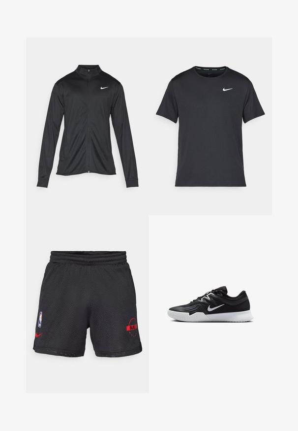 Crna sportska jakna s dugim rukavima, ovratnikom i punim patentnim zatvaračem. Ima suptilan Nike logo u bijeloj boji na gornjem lijevom dijelu prsne oznake. Glatka tekstura.; Crna Nike majica za trčanje napravljena od laganog, prozračnog materijala, s kratkim rukavima i malim bijelim logotipom na prsima.; Crne mrežaste košarkaške kratke hlače s elastičnom trakom, s crvenim logotipom "BULLS" i NBA oznakom s lijeve strane.; Crna sportska cipela s teksturiranim gornjim dijelom, bijelim Nike swooshom i bijelim gumennim potplatom. Ima dizajn s vezanjem i dinamičan oblik.
