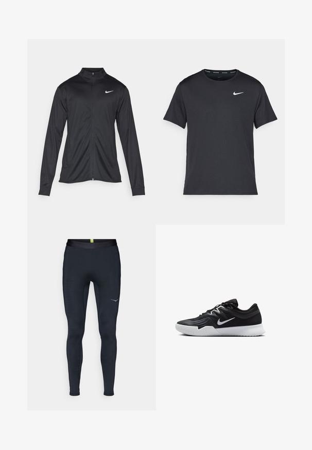 Must värvi sportlik jakk pikkade varrukatega, krae ja täispikk tõmblukk. Ülemises vasakus rinnas on diskreetne valge Nike logo. Sile tekstuur.; Mustamust Nike'i jooksupaita, mis on valmistatud kergest ja hingavast materjalist, lühikeste varrukatega ja mille rinnal on väike valge logo.; Tumesinise spordileggingud, mis on valmistatud venivast kangast, sujuva vöökoha, slim fit lõike ja küljes oleva peegeldava logoga.; Must mustad jalanikesad rikaste ülaservaga, valge Nike swoosh'i ja valge kummist välispõhjaga. Omab paeltega sulgemisdetaili ja dünaamilist kuju.