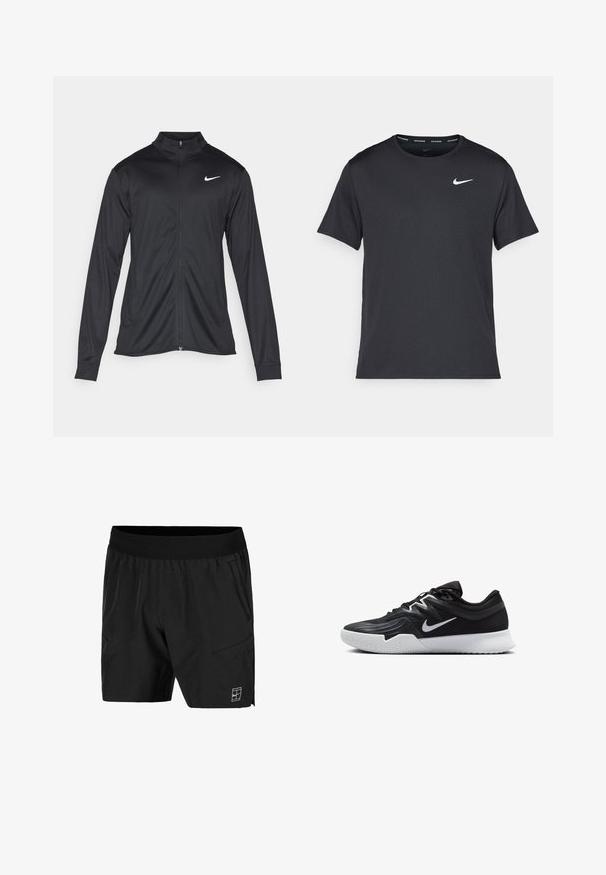 Jacket desportivo preto com mangas longas, colarinho e fecho zip completo. Apresenta um discreto logotipo da Nike em branco na parte superior do lado esquerdo do peito. Textura suave.; T-shirt de corrida Nike preto, feito de material leve e respirável, com mangas curtas e um pequeno logo branco no peito.; Calções pretos feitos de tecido leve, com um cós elástico, bolsos laterais e um logótipo branco na parte inferior direita da frente.; Sapatilha atlética preta com um cabedal texturizado, swoosh branco da Nike e uma sola de borracha branca. Apresenta um design com atacadores e uma forma dinâmica.