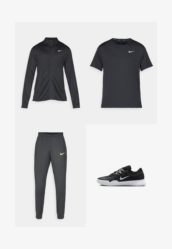Schwarze Sportjacke mit langen Ärmeln, Kragen und voller Reißverschluss. Verfügt über ein dezentes Nike-Logo in Weiß auf der oberen linken Brust. Glatte Textur.; Schwarzes Nike Lauft-Shirt aus leichtem, atmungsaktivem Material, mit kurzen Ärmeln und einem kleinen weißen Logo auf der Brust.; Graue Nike Sporthosen mit einem schmal zulaufenden Design, elastischem Bund und einem neongelben Logo auf dem linken Oberschenkel, glatte Textur, keine sichtbaren Taschen.; Schwarzer Sportschuh mit strukturiertem Obermaterial, weißem Nike-Warenzeichen und einer weißen Gummisohle. Verfügt über ein Schnürdesign und eine dynamische Form.