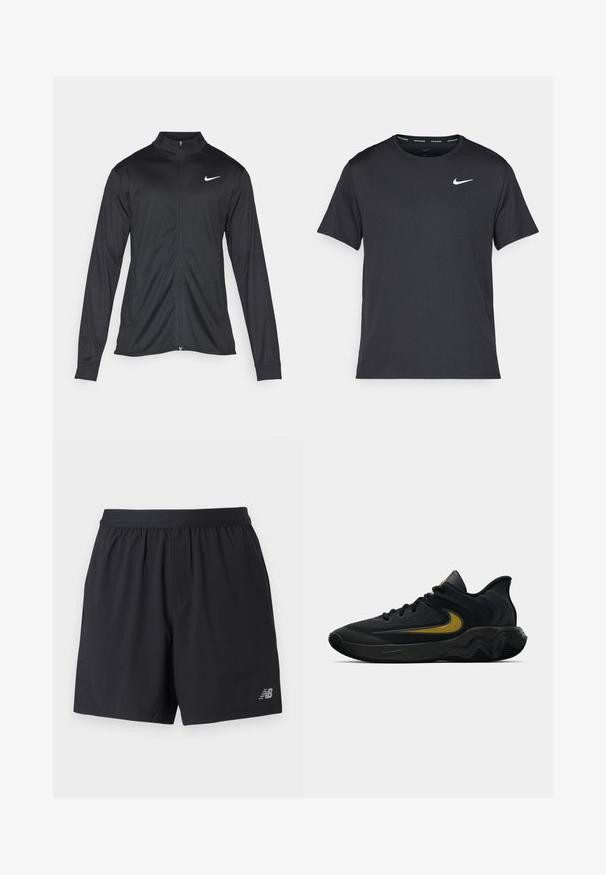 Jacket desportivo preto com mangas longas, colarinho e fecho zip completo. Apresenta um discreto logotipo da Nike em branco na parte superior do lado esquerdo do peito. Textura suave.; T-shirt de corrida Nike preto, feito de material leve e respirável, com mangas curtas e um pequeno logo branco no peito.; Calções atléticos pretos feitos de tecido leve, com um cós elástico, bolsos laterais e um logótipo refletor na parte inferior direita.; Tênis atlético preto e cinza escuro com cadarços pretos e logotipo swoosh dourado, apresentando um design de sola ondulada e colarinho acolchoado no calcanhar.