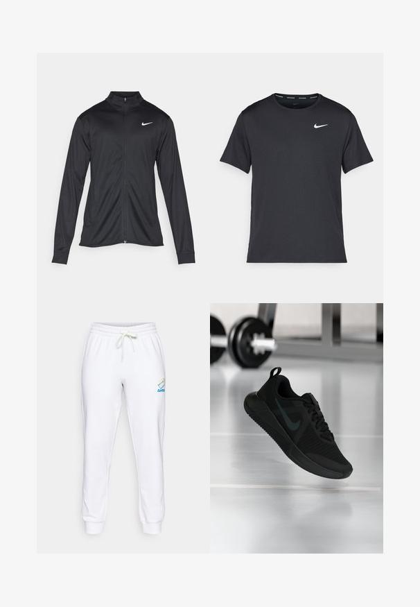 Black athletic jacket with long sleeves, collar, and full zipper. Features a subtle Nike logo in white on the upper left chest. Smooth texture.; Black Nike running T-shirt made of lightweight, breathable material, featuring short sleeves and a small white logo on the chest.; White cotton sweatpants with an elastic waistband, adjustable drawstring, and logo detail in blue and rainbow colors on the left thigh.; Black athletic shoe with a textured mesh upper, rubber sole, and a prominent dark swoosh logo. Features a padded collar and lace-up design.
