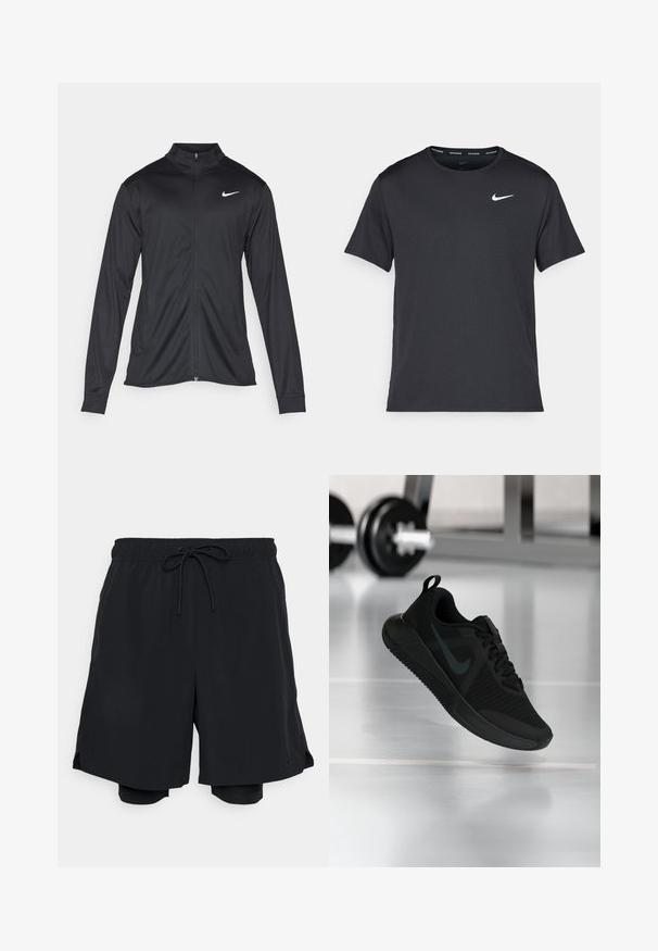 Giacca sportiva nera con maniche lunghe, colletto e zip completa. Presenta un logo Nike in bianco sulla parte superiore del lato sinistro del petto. Tessuto morbido.; Maglietta da corsa Nike nera realizzata in materiale leggero e traspirante, con maniche corte e un piccolo logo bianco sul petto.; Pantaloni sportivi neri realizzati in tessuto leggero, con una vita elasticizzata dotata di cordino e un pantalone interno aderente.; Scarpa sportiva nera con tomaia in mesh testurizzato, suola in gomma e un prominente logo swoosh scuro. Presenta un colletto imbottito e design con lacci.