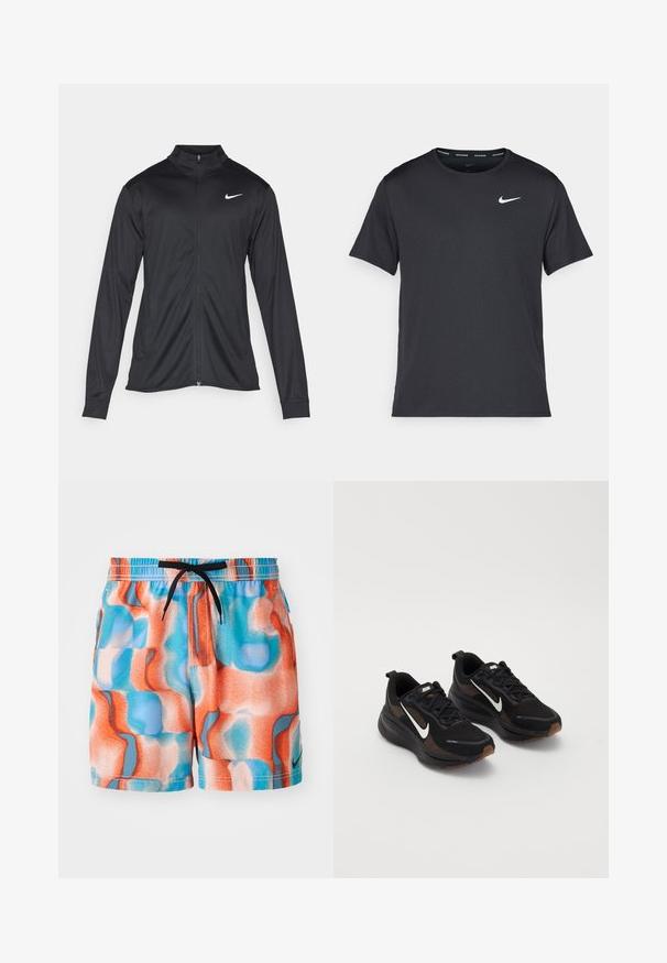 Chaqueta atlética negra con mangas largas, collar y cremallera completa. Presenta un sutil logo de Nike en blanco en la parte superior izquierda del pecho. Textura suave.; Camiseta de running negra de Nike, hecha de material ligero y transpirable, con mangas cortas y un pequeño logo blanco en el pecho.; Bañador multicolor con un patrón de olas en naranja, azul y melocotón claro. Cintura elástica con un cordón negro.; Zapatillas deportivas negras con una parte superior de malla transpirable, logo de Nike en blanco, suela texturizada y acentos marrones contrastantes. Incluye refuerzo en el talón.