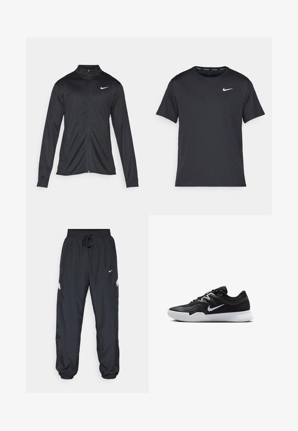 Crna sportska jakna s dugim rukavima, ovratnikom i punim patentnim zatvaračem. Ima suptilan Nike logo u bijeloj boji na gornjem lijevom dijelu prsne oznake. Glatka tekstura.; Crna Nike majica za trčanje napravljena od laganog, prozračnog materijala, s kratkim rukavima i malim bijelim logotipom na prsima.; Crne atletske hlače s elastičnim pojasom, podesivom vezicom, bočnim džepovima i kontrastnim bijelim trakama duž strana.; Crna sportska cipela s teksturiranim gornjim dijelom, bijelim Nike swooshom i bijelim gumennim potplatom. Ima dizajn s vezanjem i dinamičan oblik.