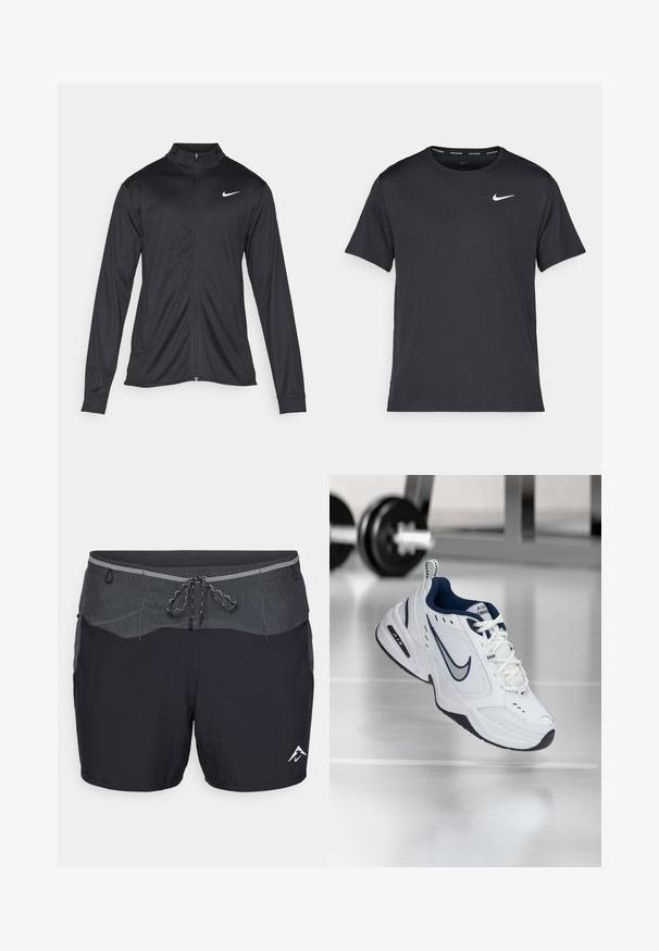 Čierna športová bunda s dlhými rukávmi, golierom a plným zipsom. Obsahuje nenápadné logo Nike v bielej farbe na hornej ľavej hrudi. Hladká textúra.; Čierne bežecké tričko Nike vyrobené z ľahkého a priedušného materiálu, s krátkymi rukávmi a malým bielym logom na hrudi.; Čierne športové šortky s šedým pásom, šnúrkou a sieťovými detailmi. Obsahujú biele logo na dolnej pravej strane. Ľahký materiál.; Biele atletické tenisky s námornícko modrým akcentom, zvršok z textilu a kože, spevnený špic a čierna gumová podrážka. Obsahujú charakteristické logo Nike.