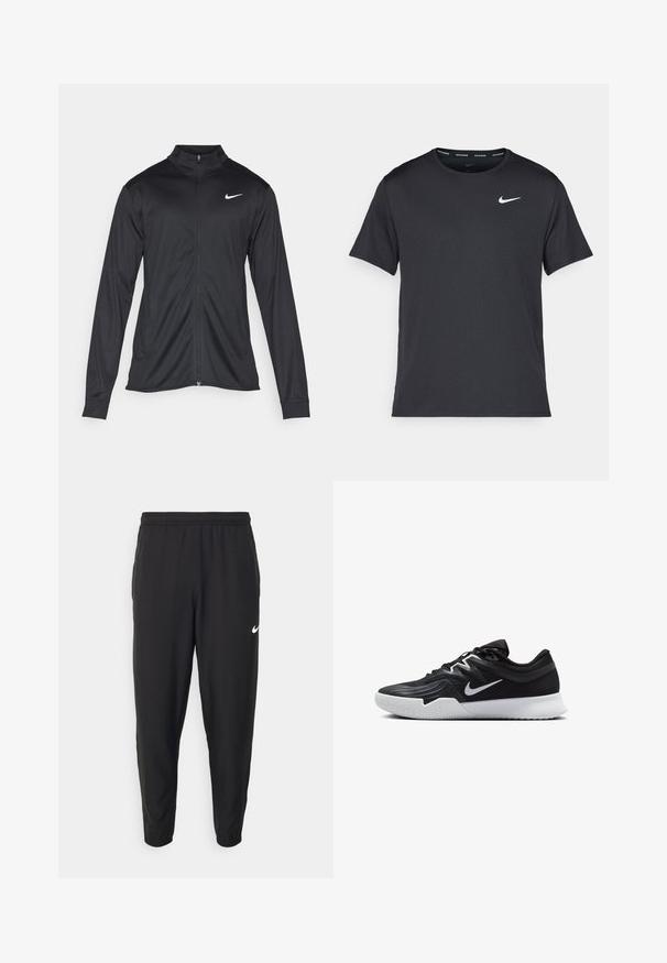 Jachetă sportivă neagră cu mâneci lungi, guler și fermoar complet. Prezintă un logo Nike subtil, alb, pe pieptul din stânga sus. Textură netedă.; Tricou de alergare Nike negru, fabricat dintr-un material ușor și respirabil, cu mâneci scurte și un mic logo alb pe piept.; Pantaloni sport Nike negri, realizați dintr-un material ușor. Dispun de un waistband elastic, picioare înguste și un logo Nike alb pe coapsa stângă.; Pantof sport negru cu un superior texturat, swoosh alb Nike și o tălpică din cauciuc alb. Dispune de un design cu șireturi și o formă dinamică.