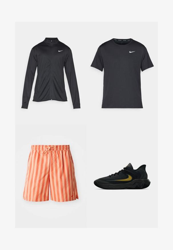 Czarna sportowa kurtka z długimi rękawami, kołnierzem i pełnym zamkiem. Posiada subtelne logo Nike w białym kolorze na lewej górnej części klatki piersiowej. Gładka tekstura.; Czarna koszulka do biegania Nike z lekkiego, oddychającego materiału, z krótkimi rękawami i małym białym logo na piersi.; Pomarańczowe i jasnopomarańczowe pasiasty szorty kąpielowe z elastycznym pasem, regulowanym sznurkiem oraz małym detalem logo z przodu.; Czarne i ciemnoszare buty sportowe z czarnymi sznurowadłami i złotym logo w kształcie paska, z falistym wzorem podeszwy i wyściełanym kołnierzem pięty.