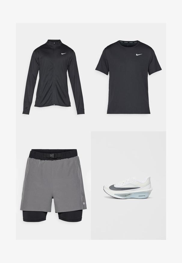 Crna sportska jakna s dugim rukavima, ovratnikom i punim patentnim zatvaračem. Ima suptilan Nike logo u bijeloj boji na gornjem lijevom dijelu prsne oznake. Glatka tekstura.; Crna Nike majica za trčanje napravljena od laganog, prozračnog materijala, s kratkim rukavima i malim bijelim logotipom na prsima.; Sivi vanjski šorc s crnom unutarnjom podlogom, s elastičnom trakom za remen i kopčom. Glatka tekstura, izrez do koljena i detalj s logotipom.; Bijela atletska tenisica s gornjim dijelom od sive mrežice, plavim ZoomX pjenastim srednjim slojem i zakrivljenim potplatom za poboljšanu propulziju i udobnost.