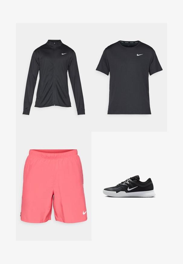 Black athletic jacket with long sleeves, collar, and full zipper. Features a subtle Nike logo in white on the upper left chest. Smooth texture.; Black Nike running T-shirt made of lightweight, breathable material, featuring short sleeves and a small white logo on the chest.; Nike Performance CHALLENGER SHORT - Sports shorts - aster pink/dark pony/black/reflective silver; Black athletic shoe with a textured upper, white Nike swoosh, and a white rubber outsole. Features a lace-up design and dynamic shape.