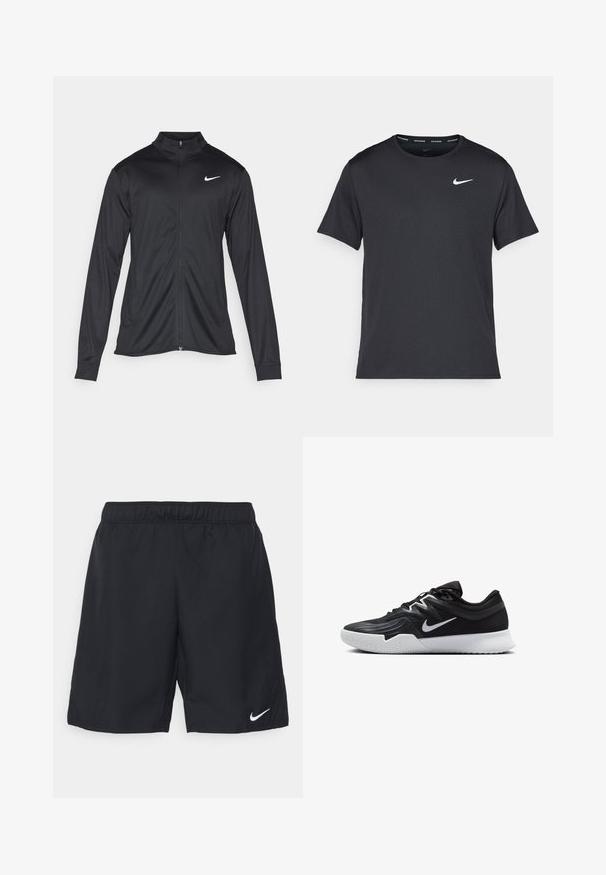 Černá sportovní bunda s dlouhými rukávy, límcem a plným zipem. Má decentní bílou logo značky Nike na horní levé části hrudi. Hladká textura.; Černé běžecké tričko Nike vyrobené z lehkého a prodyšného materiálu, s krátkými rukávy a malým bílým logem na hrudi.; Černé sportovní šortky s elastickým pasem. Vyrobené z lehkého materiálu s bílým logem Nike na dolním pravém boku.; Černá atletická bota s texturovaným svrškem, bílým logem Nike a bílou gumovou podrážkou. Disponuje šněrovacím designem a dynamickým tvarem.