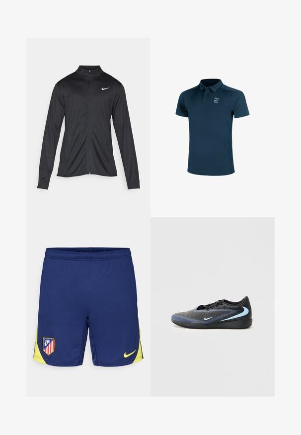 Schwarze Sportjacke mit langen Ärmeln, Kragen und voller Reißverschluss. Verfügt über ein dezentes Nike-Logo in Weiß auf der oberen linken Brust. Glatte Textur.; Marineblaue Polo-Shirt aus glattem Stoff, mit Kragen und kurzen Ärmeln. Kleines weißes Logo auf der Brust.; Marineblaue Sportshorts mit gelben Akzenten, versehen mit einem Team-Logo-Patch und einem kleinen Nike-Swoosh. Hergestellt aus atmungsaktivem Material.; Schwarzer und blauer, niedrig geschnittener Sportschuh mit strukturiertem Obermaterial, schwarzen Schnürsenkeln und hellblauen Nike-Swoosh-Logos an der Seite und Sohle.